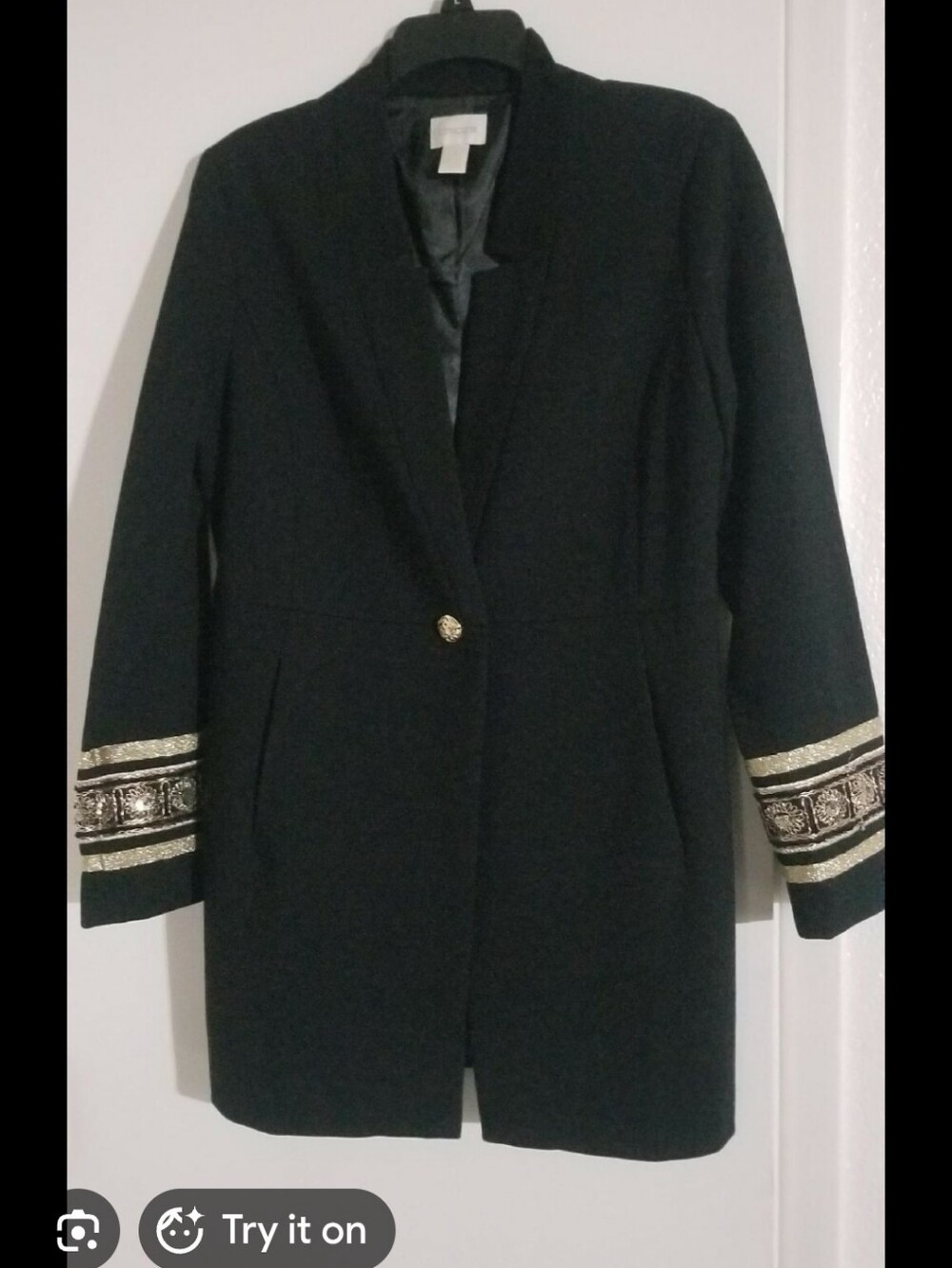 Chico's Black Long Blazer with Gold Embellished Cuffs - Picture 2 of 10